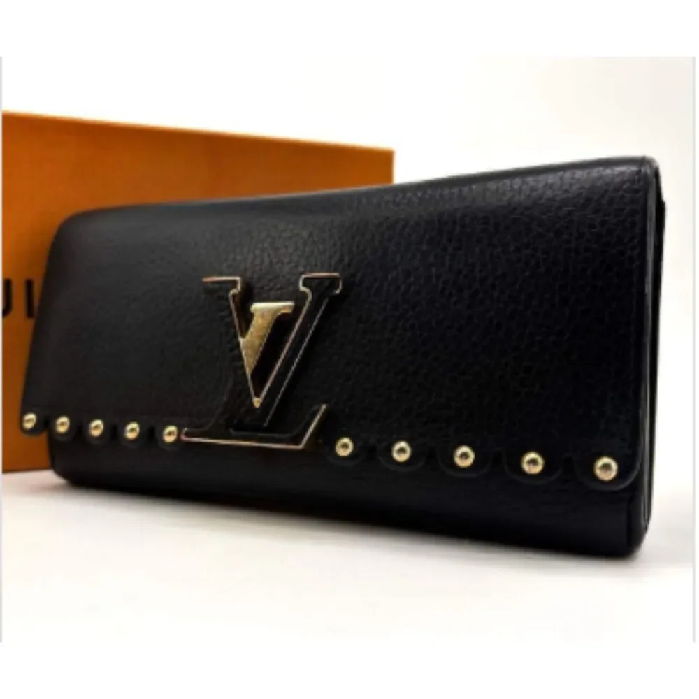 Louis Vuitton Capucines Studded Taurillon Leather Long Wallet Black/Gold LV Logo